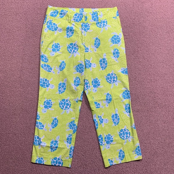 Vintage Lilly Pulitzer Pants 4 Green Turtle Print White Label Stretch Capri - Picture 1 of 12